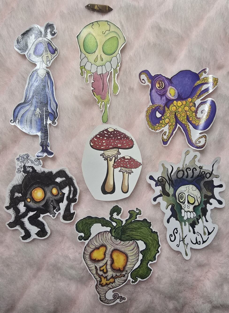 OOAK ATC Mushroom Art, Gothic 6 Pc Sticker Pack, Skull, Moth, Octopus, 1 Of 5